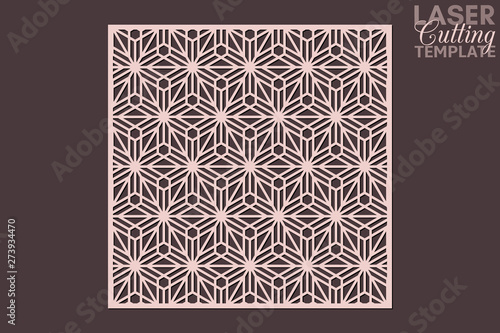 Laser cut cabinet fretwork perforated panel template with pattern in japanese kumiko style. Geometric hexagon ornamental panel, rate 1:1. Metal, paper or wood carving. Outdoor screen.