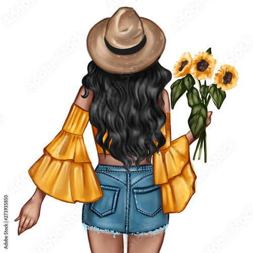 Fashion Illustration - girl holding sunflower