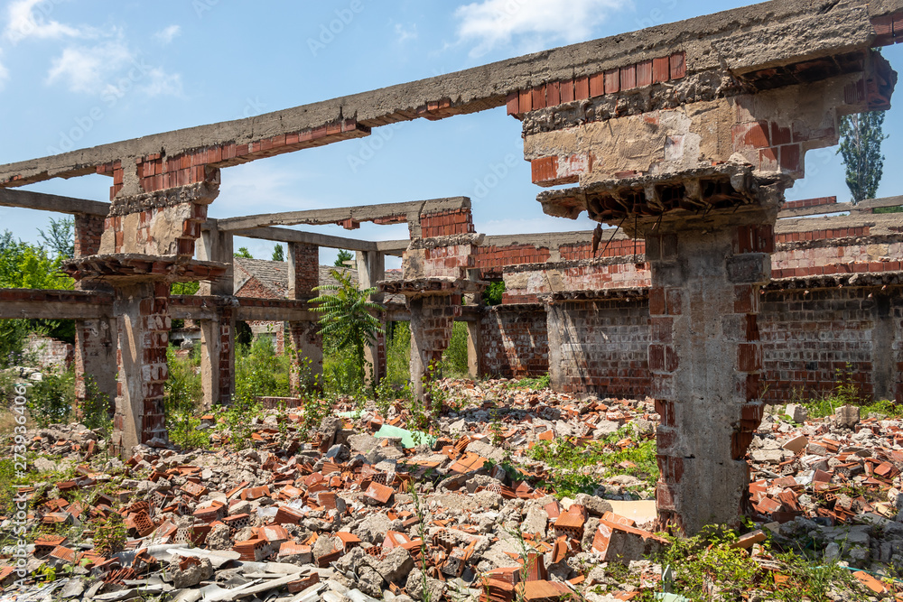 Construction Columns and Beams in Heavily Damaged and Ruined Abandoned Building Construction Columns and Beams in Heavily Damaged and Ruined Abandoned Building