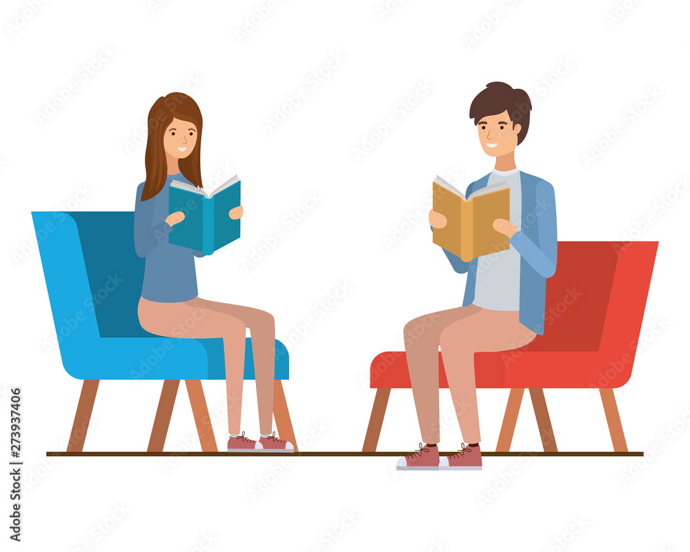 Fototapeta premium couple sitting on chair with book in hands