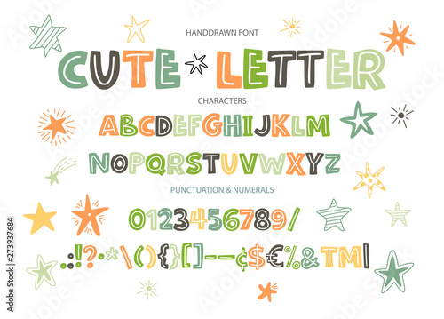 Hand drawn vector alphabet with letters, numbers, symbols.
