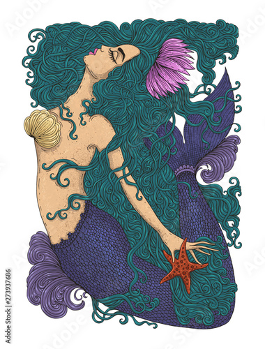 JPEG colored drawing fantastic sea mermaid with long green wavy hair. Ornamental decorated graphic illustration mermaid tattoo. Sea goddess print t-shirts. Mystery Fairy tale mythical characters.