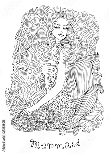 Vector coloring drawing fantastic sea mermaid, women with long wavy hair. Ornamental decorated graphic illustration mermaid tattoo. Sea goddess print t-shirts. Mystery Fairy tale mythical characters.