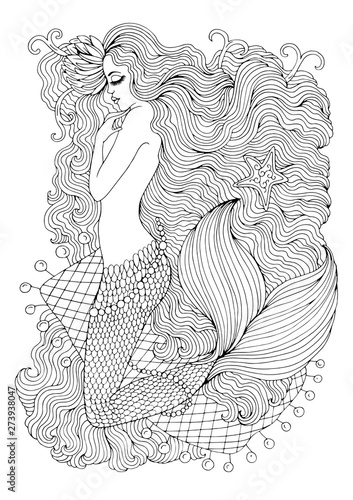 Vector drawing fantastic sea mermaid with water lily in long wavy hair on the web. Ornamental decorated graphic illustration mermaid tattoo. Coloring page sea nymph Fairy tale characters print t-shirt