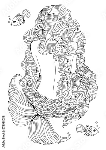 Vector drawing fantastic sea mermaid with long wavy hair sits with his back. Ornamental decorated graphic illustration of a mermaid tattoo. Coloring page sea nymph. Fairy tale characters print t-shirt