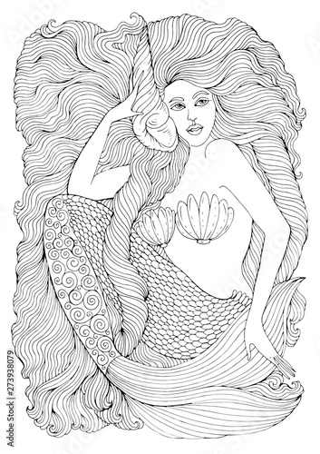 Vector drawing fantastic sea mermaid with long wavy hair holds a seashell. Ornamental decorated graphic illustration of a mermaid tattoo. Coloring page sea nymph. Fairy tale characters print t-shirt