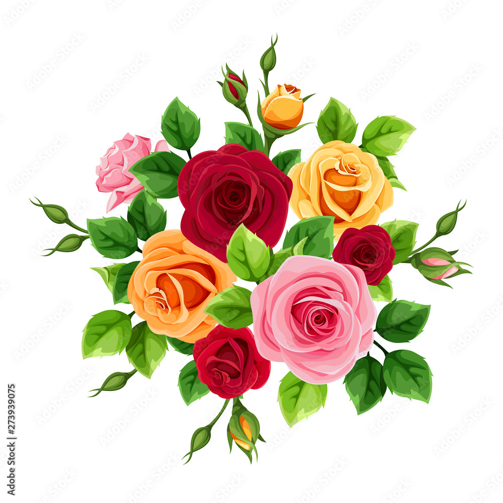 Vector bouquet with red, pink, orange and yellow roses isolated on a white background. Vector bouquet with red, pink, orange and yellow roses isolated on a white background.