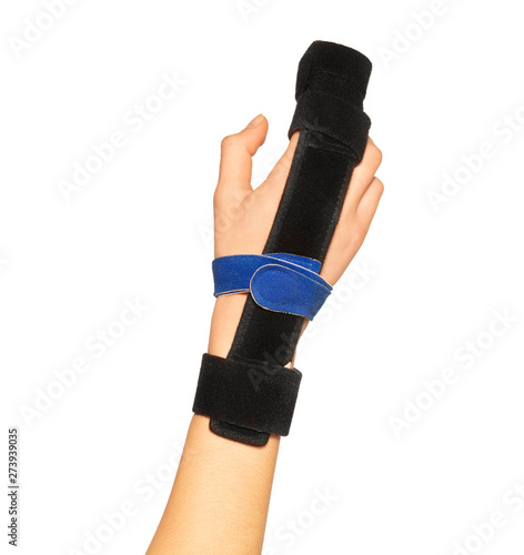 Photography Injured female hand with fingers bandaged on white