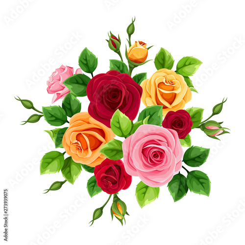 Vector bouquet with red, pink, orange and yellow roses isolated on a white background.