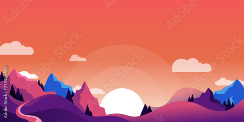 Mountains, hills landscape, horizontal nature background. Vector cartoon illustration of beautiful pink purple sunset