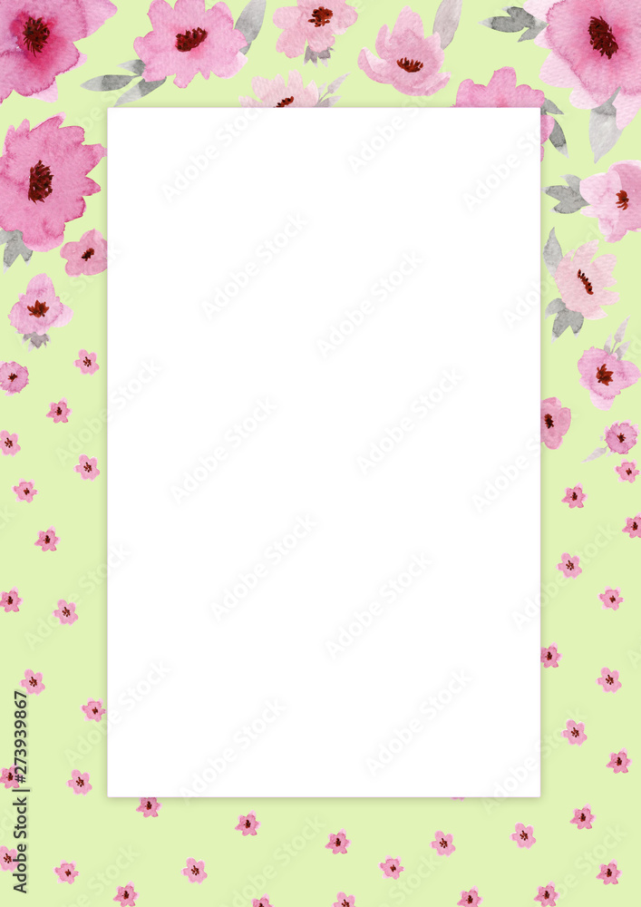 Flowers composition. Rectangular green frame made of pink flowers and leaves with space for text