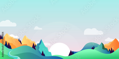 Mountains and green hills landscape, horizontal nature background. Vector cartoon illustration of summer, spring morning