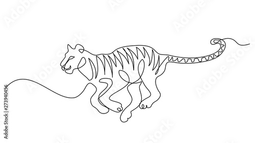 Continuous one line drawing. Tiger jumping symbol.
