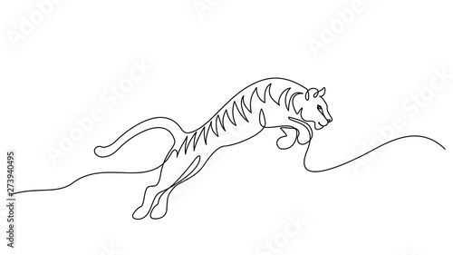 Continuous one line drawing. Tiger jumping symbol.