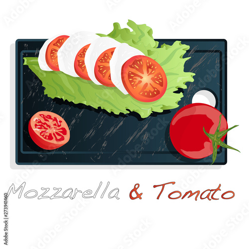 Vector illustration of mozzarella, cherry tomatoes - ingredients for caprese salad on plate. Isolated.