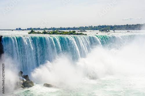 Part of Horseshoe Falls and river on sunny day at Niagara Falls.