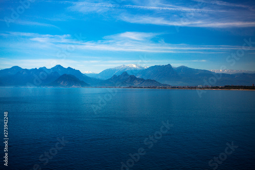 Beautiful landscape of mountains and the Mediterranean sea in Turkey  Antalya.
