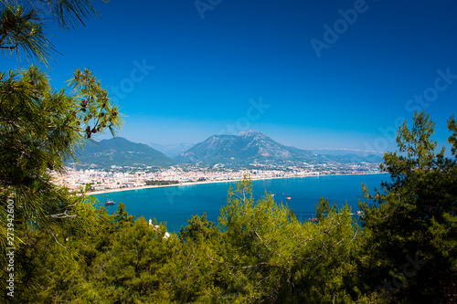 Beautiful view of the Mediterranean Sea, the mountains, the forest and the city. Turkey, Alanya.