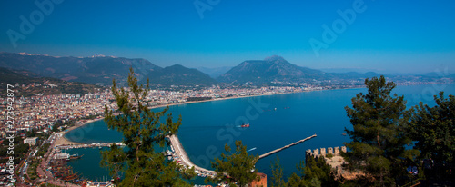 Beautiful view of the Mediterranean Sea, mountains, forest, city, marina and lighthouse.Turkey, Alanya.