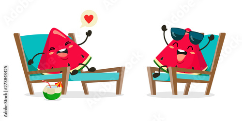 Funny slices of watermelons rest on the chairs on the sun beds in a cartoon style. Vector illustration on white background in flat style.