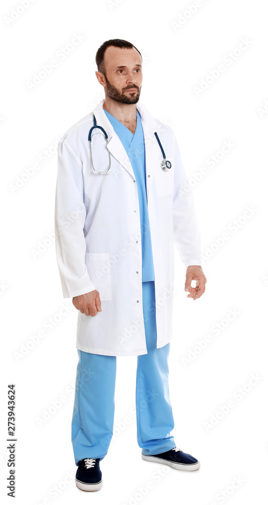 Full length portrait of male doctor isolated on white. Medical staff Full length portrait of male doctor isolated on white. Medical staff
