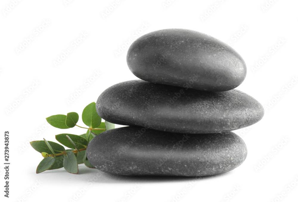 Stack of black spa stones with green branch isolated on white Stack of black spa stones with green branch isolated on white