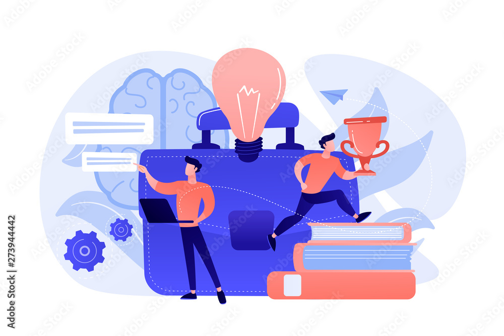 Light bulb, businessman working with laptop and getting trophy cup. Entrepreneurship, start up business and opportunity concept on white background. Coral pink palette vector isolated illustration.