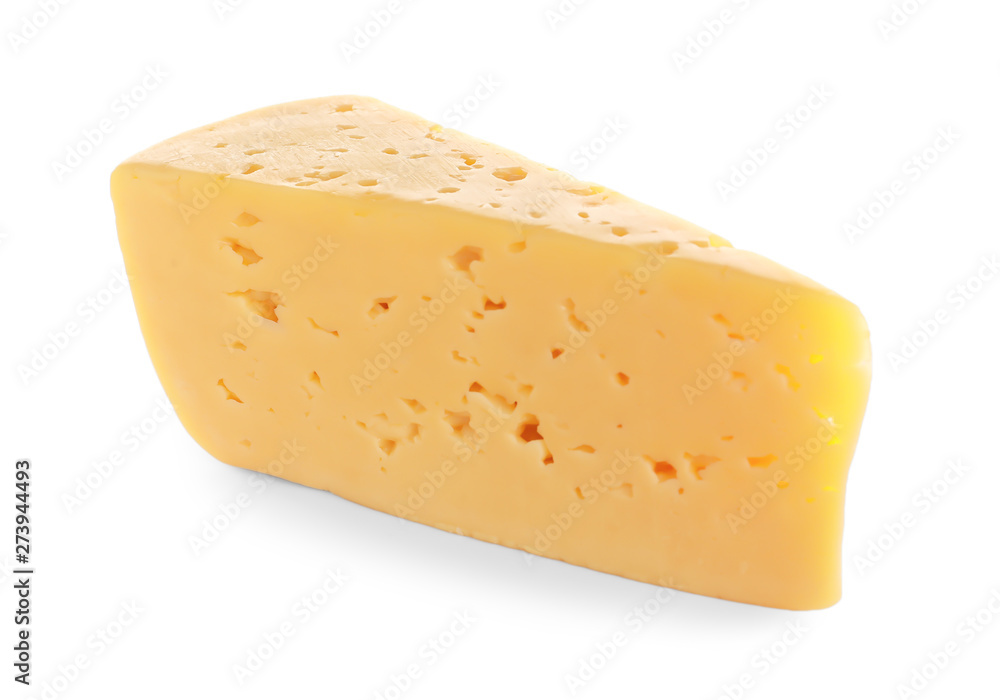 Piece of delicious cheese on white background