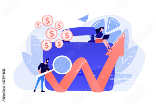 Businessman with magnifier looks at growing chart and briefcase. Financial investment, marketing, security of deposits concept on white background. Coral pink palette vector isolated illustration.