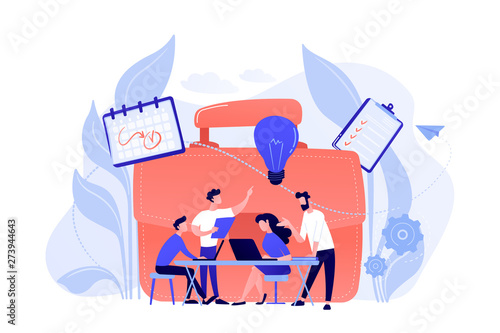 Business team work together with laptops and light bulb. Collaboration, collaborative problem solving and partnership concept on white background. Coral pink palette vector isolated illustration.