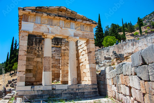 The reconstructed Treasury of Athens, built to commemorate their victory at the Battle of Marathon, at ancient Delphi, the Unesco’ s world heritage site   photo