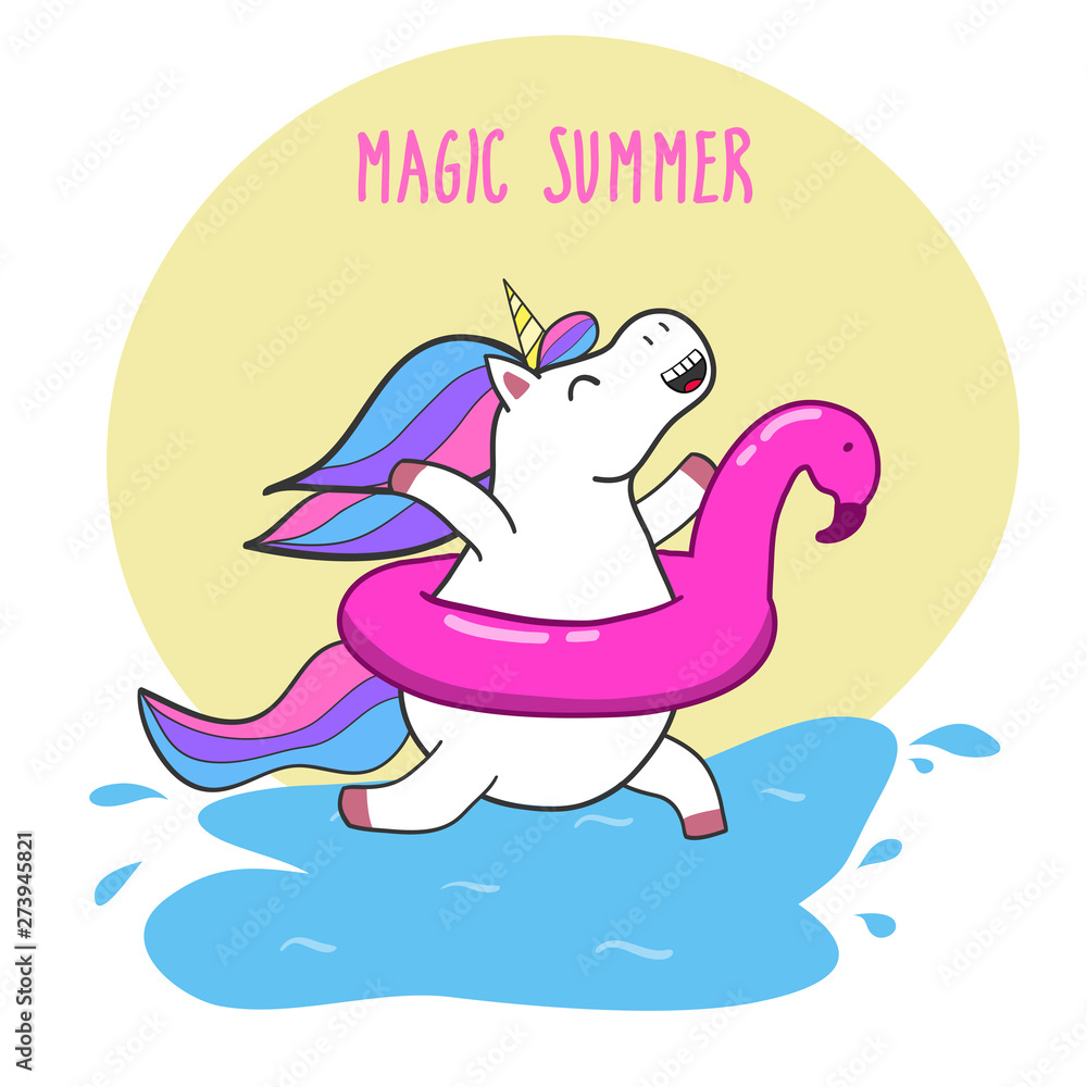 Obraz premium Funny cartoon unicorn and flamingo float