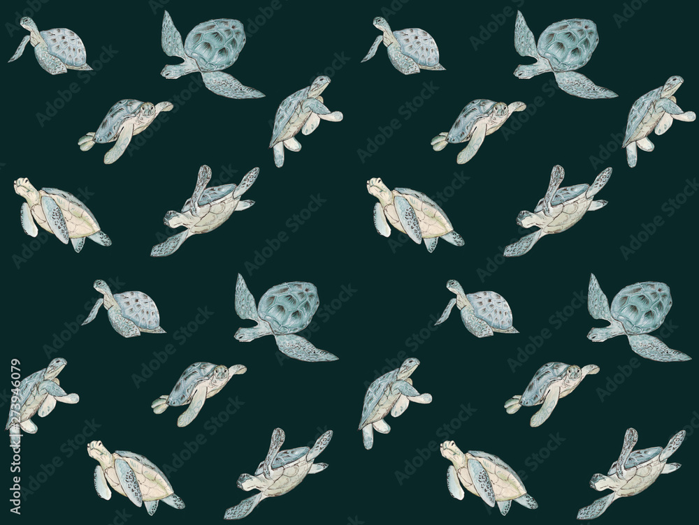 Seamless pattern with watercolor sea turtle on dark green background.Summer exotic print. Seamless pattern with watercolor sea turtle on dark green background.Summer exotic print.