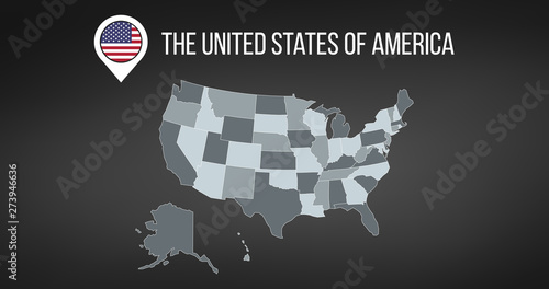 US Map with general information and flag in the map pin. Infographics design. Infographic template. vector illustration isolated on black background.