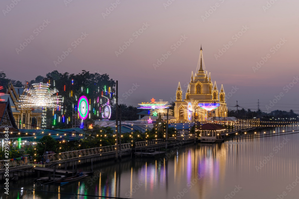 Buddhist ceremonies, temples, evening lighting and decorative lights at Buddhist temples