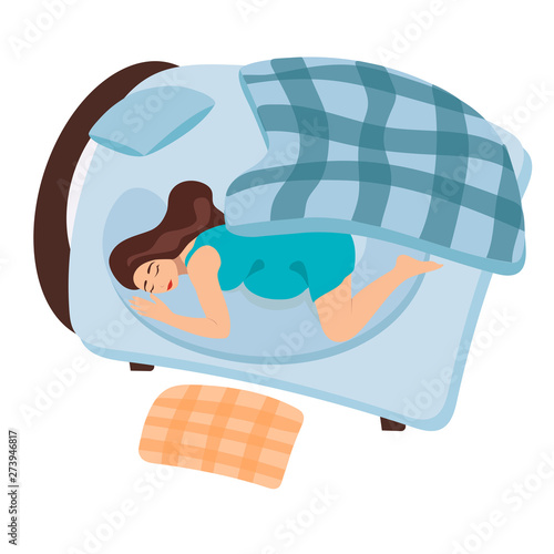 A pregnant girl wakes up in the morning. The dog wakes up a pregnant woman. The girl is sleeping in bed. Turquoise morning before giving birth.