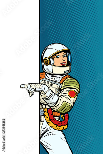 Girl woman astronaut. Point to copy space poster