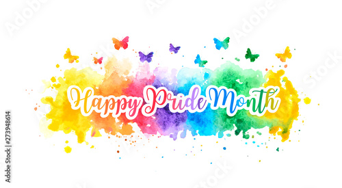 LGBT happy pride month banner with colorful rainbow watercolor splash and butterflies. vector illustration