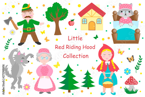 Cute Little Red Riding Hood set objects. Collection design element with pretty girl and her grandmother, wolf, woodman and trees. Kids baby clip art funny smiling character. Vector iillustration