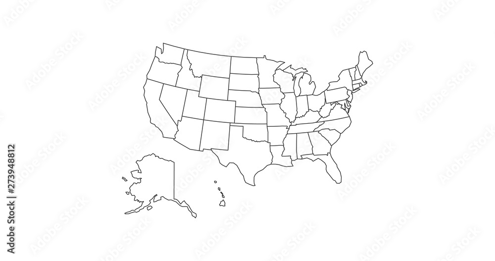 Naklejka czarny kontur cienkiej linii mapa USA. element infografiki edukacji. udar płaski styl. Ilustracja wektorowa na białym tle