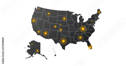 world map with abstract epicenters of cyber attacks or disasters. concept of warning of international influence. simple flat style trend modern graphic design isolated on white background