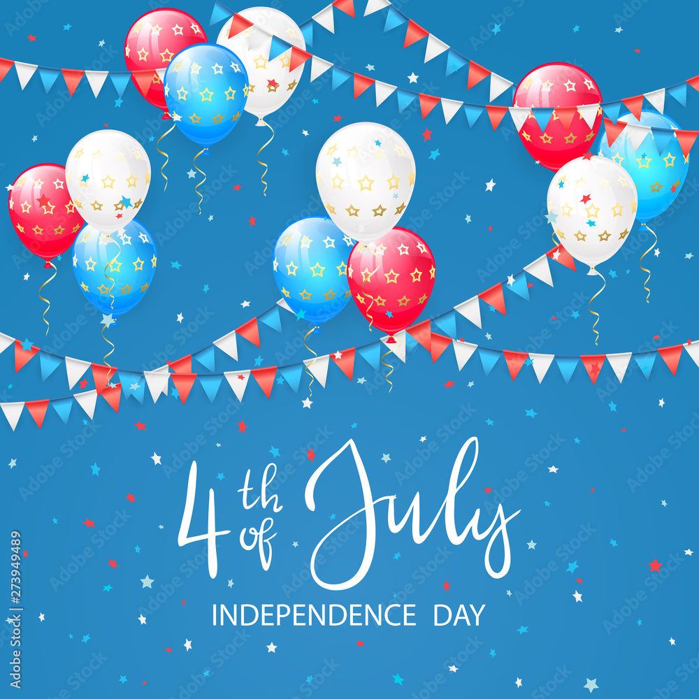 Balloons with stars on blue Independence day background - obrazy, fototapety, plakaty 