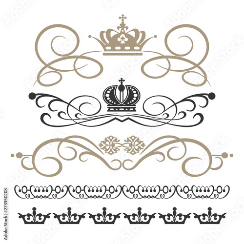 Vintage design elements for page decorations - calligraphy swirls, crowns, scroll. Vector image