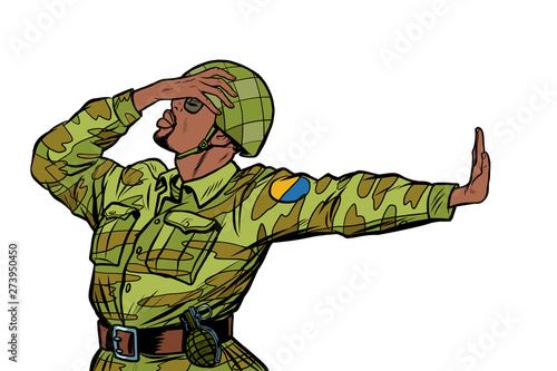 african soldier in uniform shame denial gesture no. anti militarism pacifist