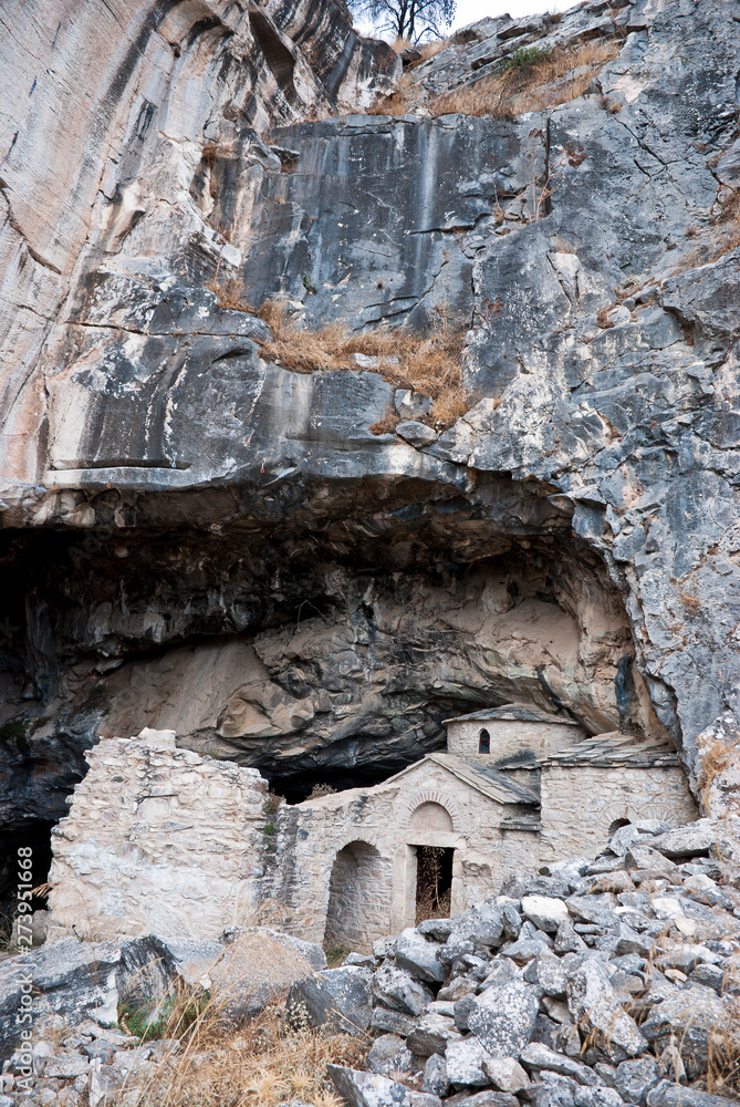 Parnitha Mountain, Athens / Greece, June 2019: The Ntavelis cave and the enclosed monastery