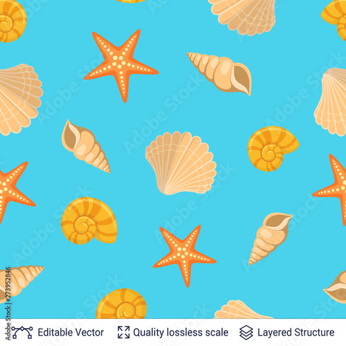 Seamless vector pattern of underwater sea shells.