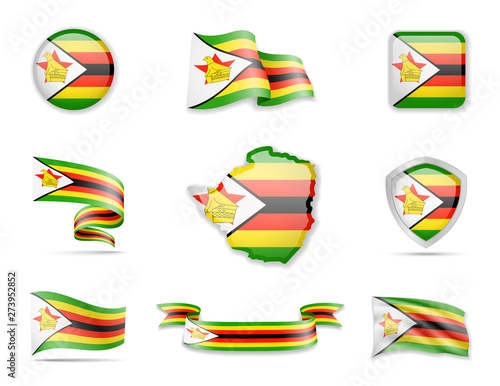 Zimbabwe flags collection. Vector illustration set flags and outline of the country.