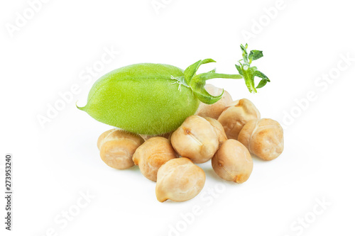 Quadro su tela Uncooked dried chickpeas with raw green chickpea pod plant isolated on white bac