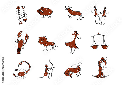 Set of 12 signs of the zodiac. Constellations and stars. Horoscope. Prediction of the future. Vector illustration