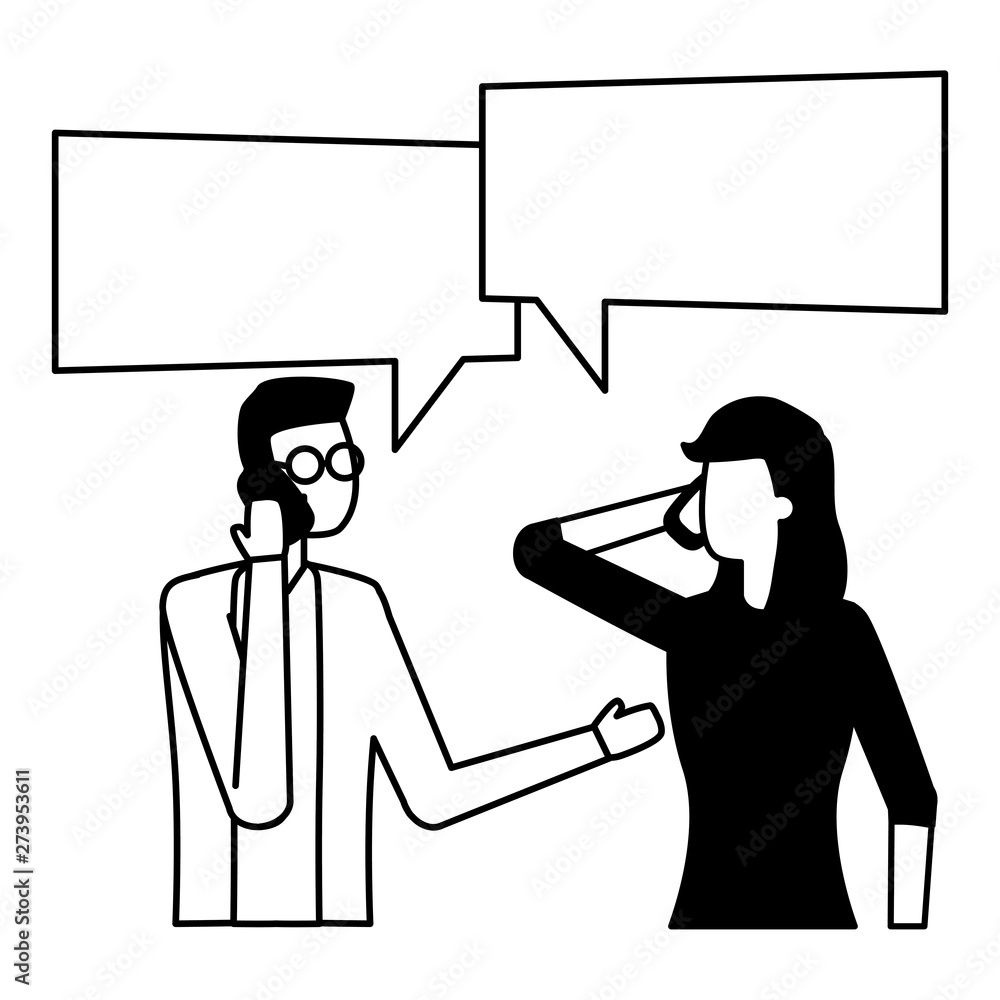 man and woman using smartphone talk bubble man and woman using smartphone talk bubble